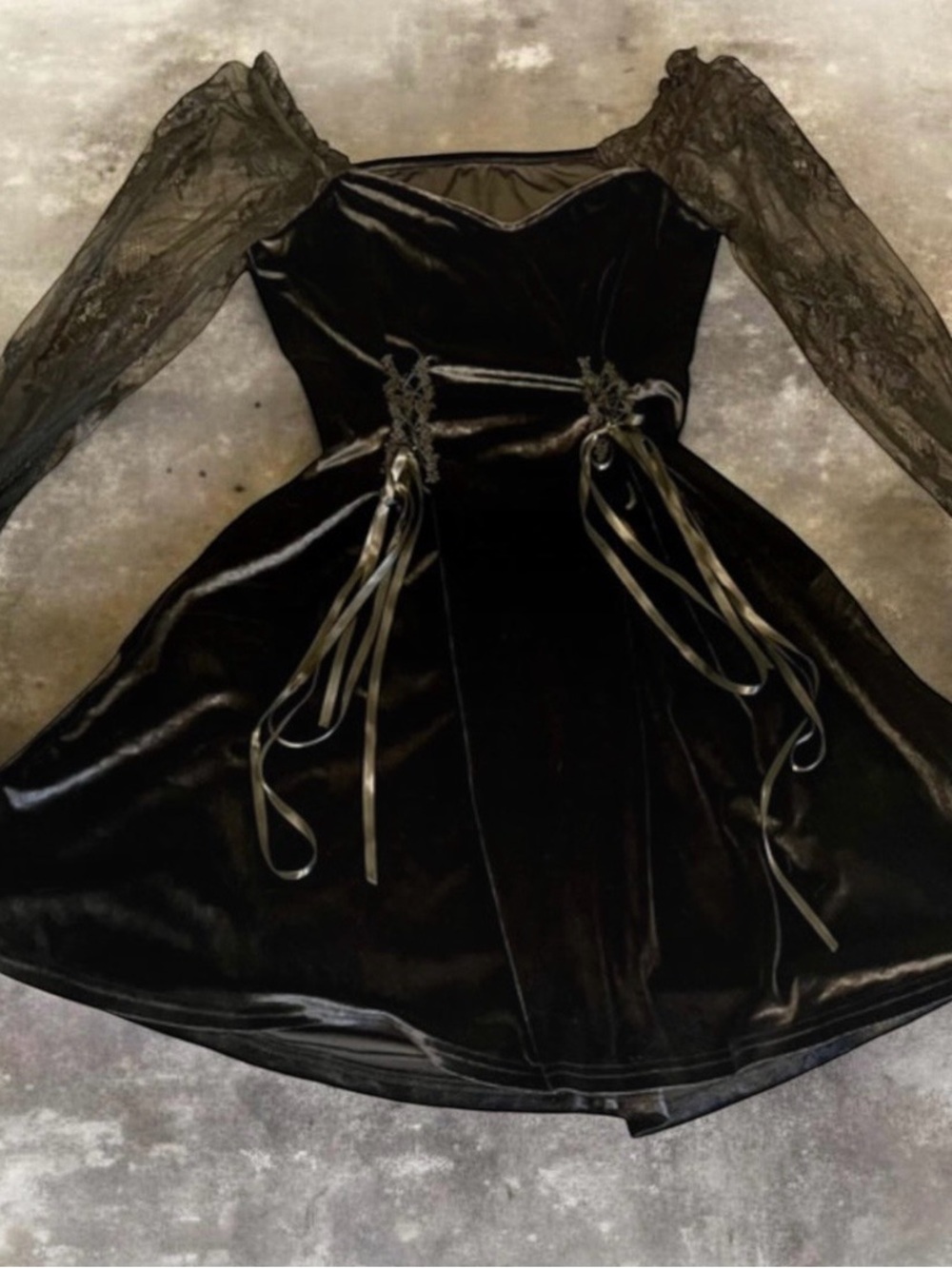 Hot Topic Black Velvet Fit-and-Flare Dress with Lace Long Sleeves
